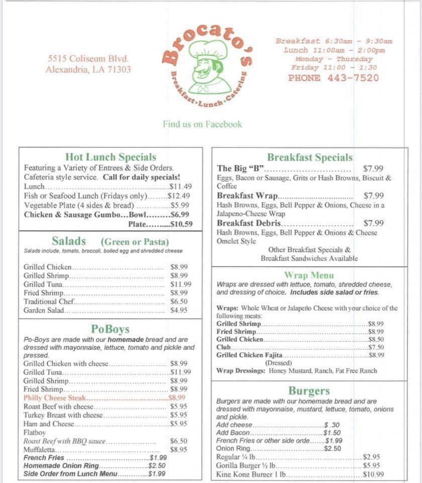 Menu at Brocatos Breakfast & Lunch restaurant, Alexandria