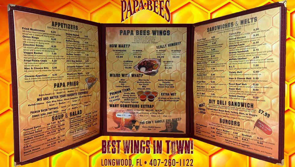 Menu at Papa Bees restaurant, Longwood, 480 S Ronald Reagan Blvd