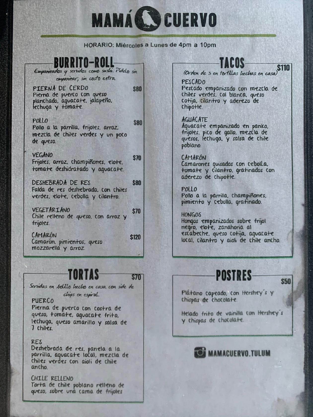 Menu at Tulum Food Trucks restaurant, Tulum