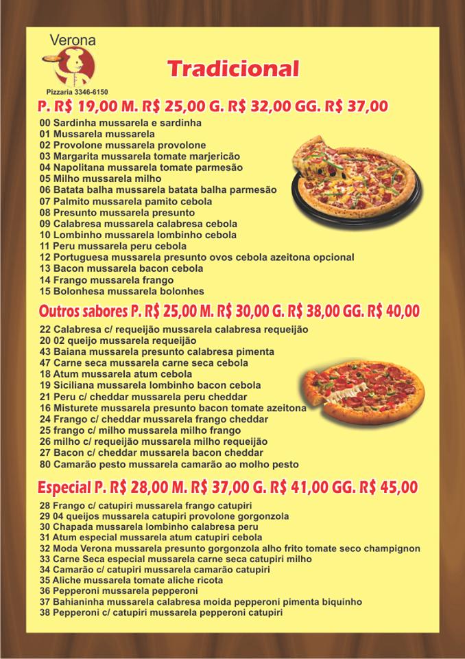 Menu at Verona pizzaria, Salvador