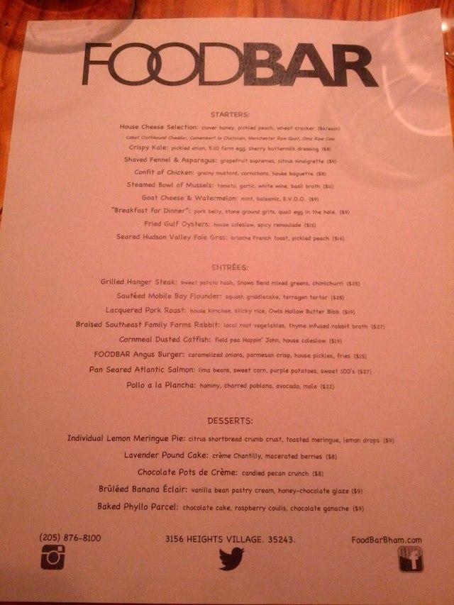 Menu at Foodbar, Vestavia Hills