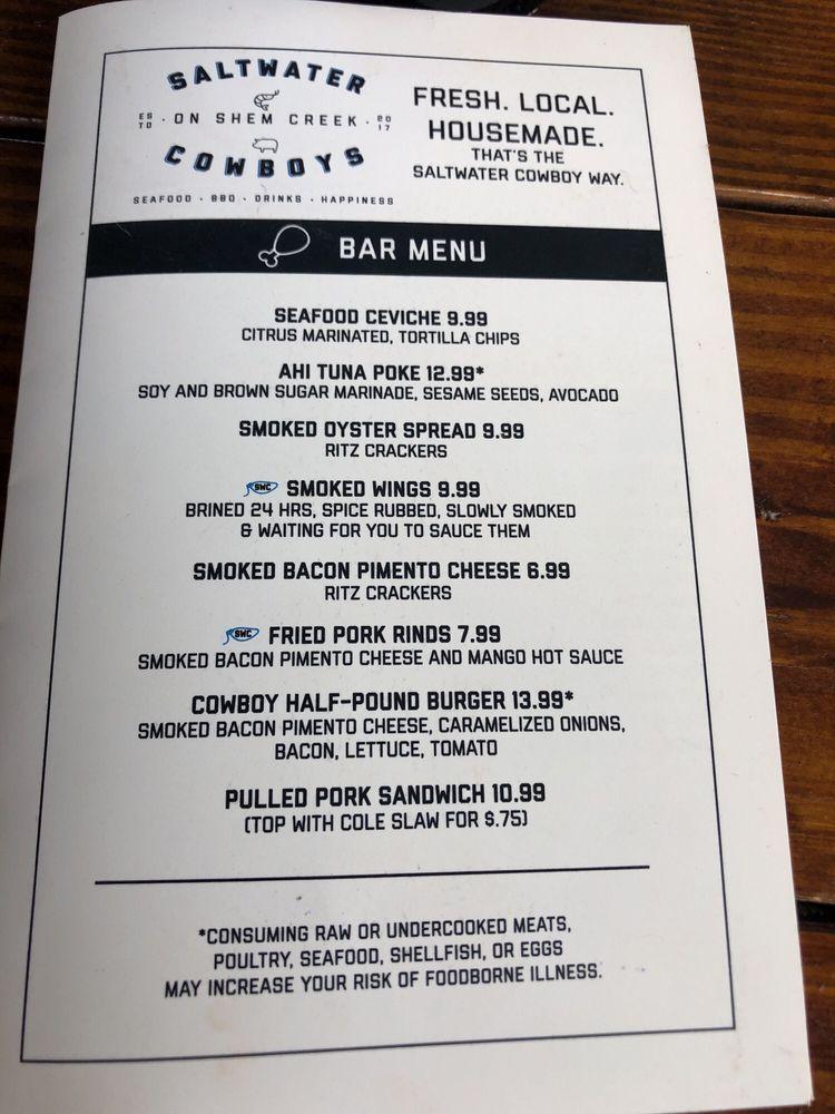Menu at Saltwater Cowboys BBQ, Mount Pleasant