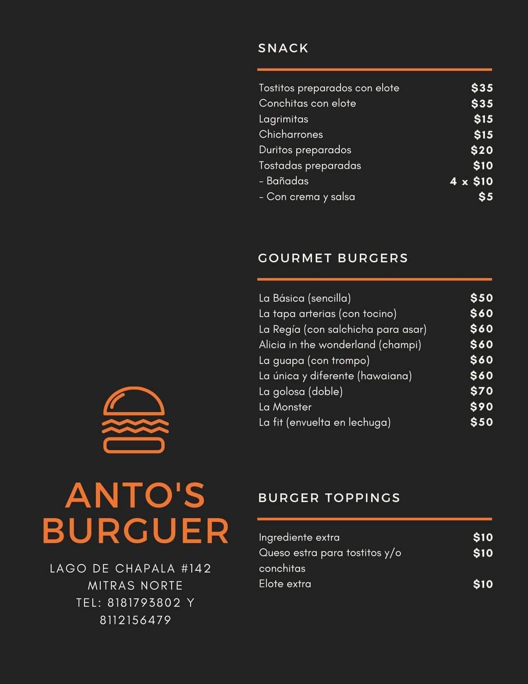 Carta Del Restaurante Antos Burgers Monterrey