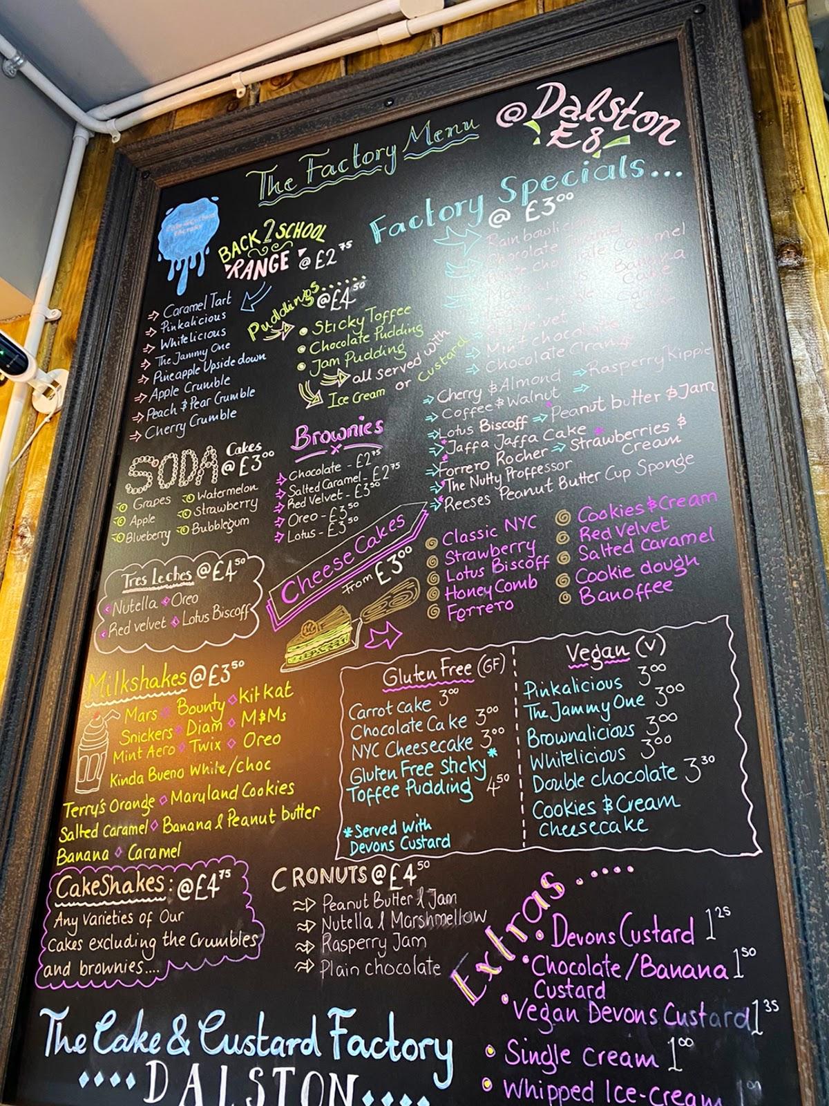 Carta del postres Cake and Custard Factory (Dalston), Londres