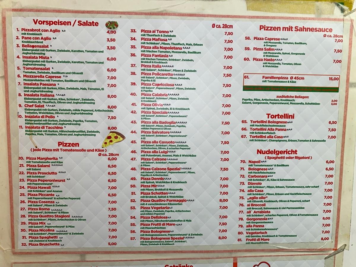 Menu at Pizzeria Roma, Schotten