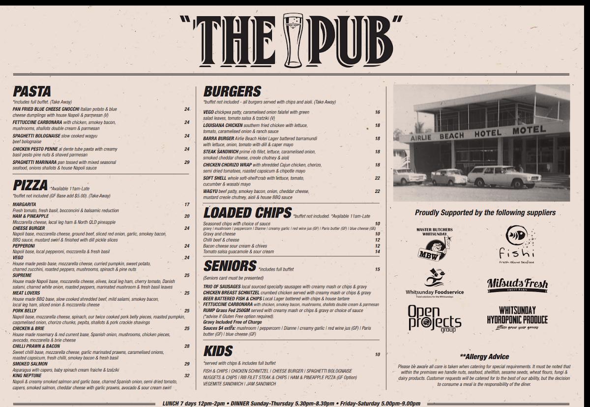 Menu at The Pub, Airlie Beach