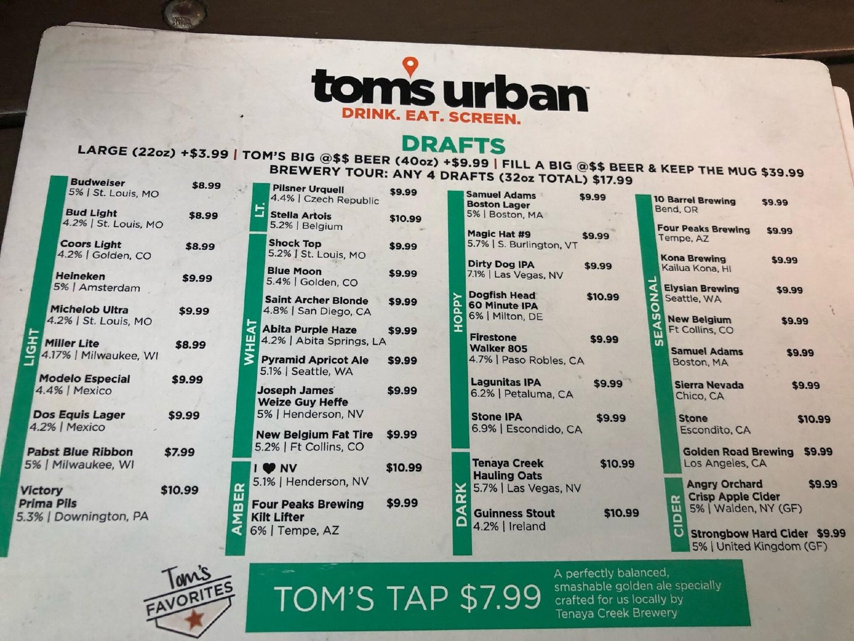 Menu at Tom's Watch Bar, Las Vegas