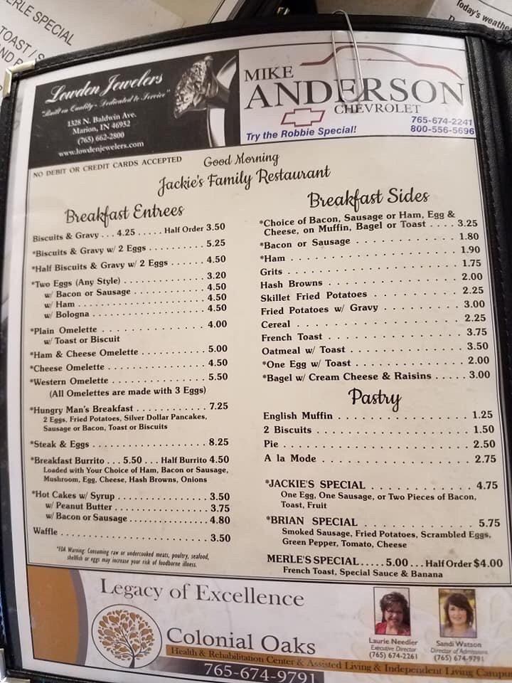 Menu At Jackie's Family Restaurant, Gas City