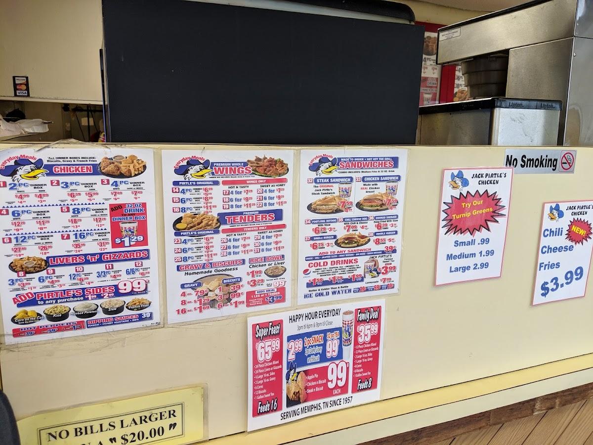 Menu at Jack Pirtle's Chicken restaurant, Memphis, 1370 Poplar Ave