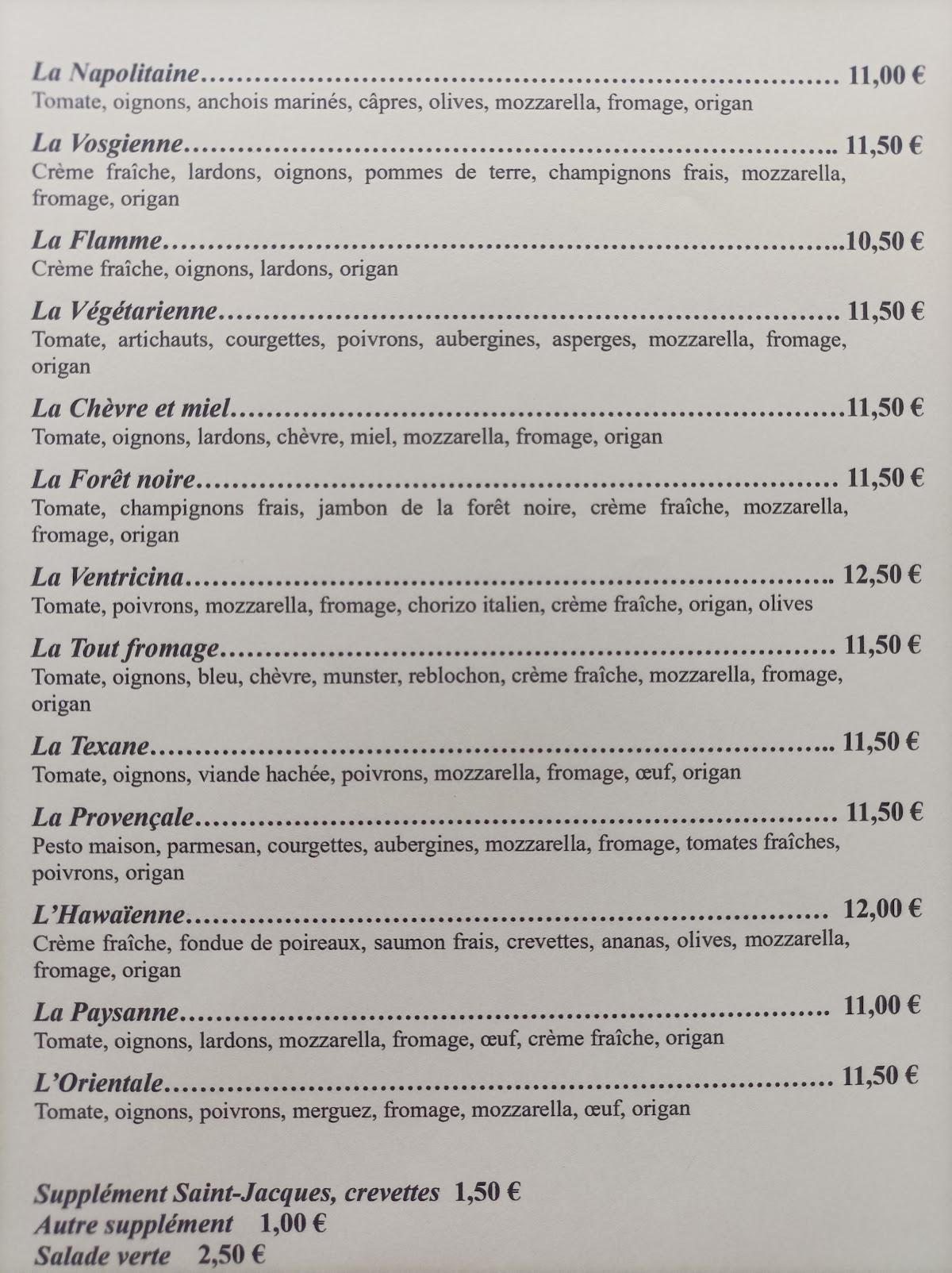 Menu au Pizza Fontana restaurant, La Bresse