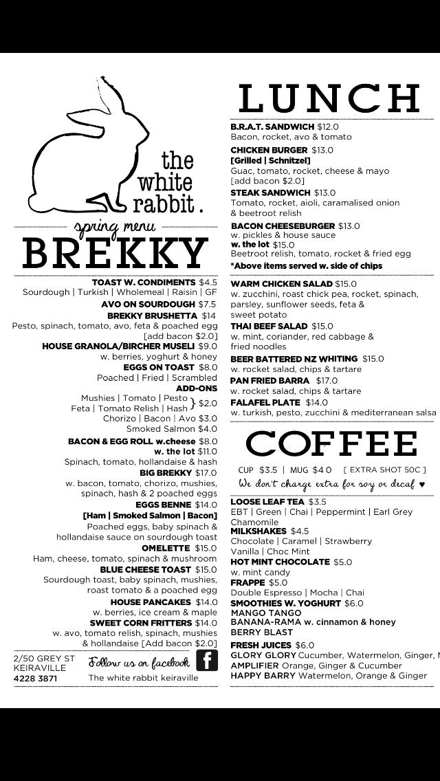 Menu at The White Rabbit cafe, Keiraville, Shop 2/50 Grey St