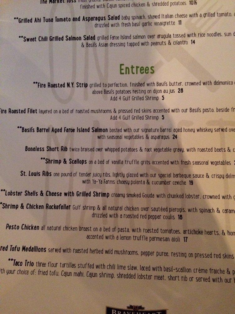 Menu at Basil's On Market restaurant, Dayton