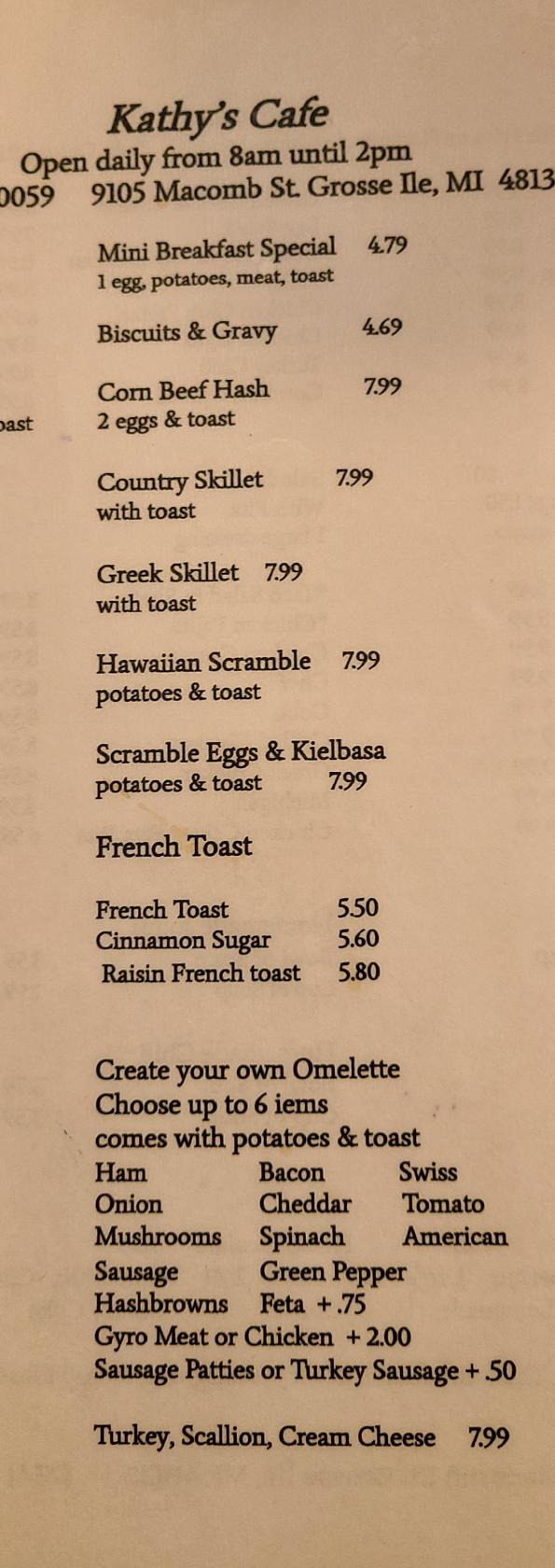 Menu at Kathy's Cafe, Grosse Ile Township
