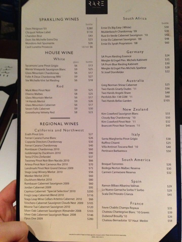 Menu at RARE Chop House pub & bar, Mount Vernon