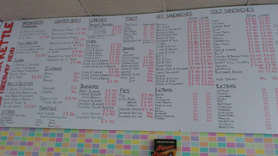 Menu at The Copper Kettle cafe, Sheffield, 45 Copper St