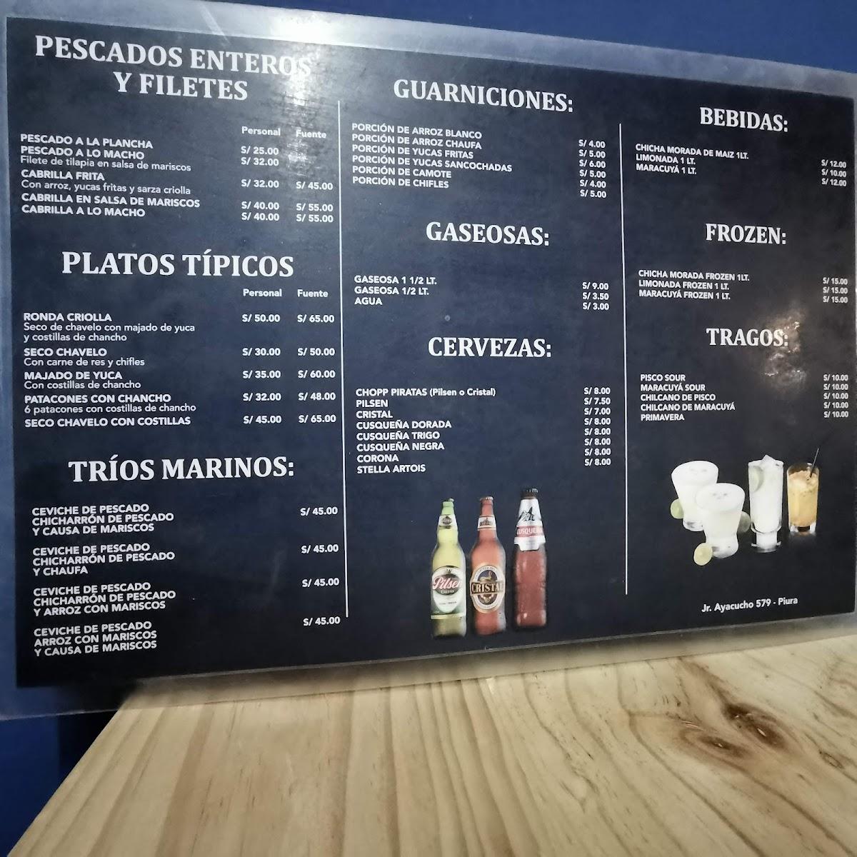 Carta del restaurante Pirata's, Piura
