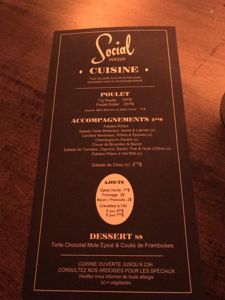 Menu au Bar Social Verdun, Montréal