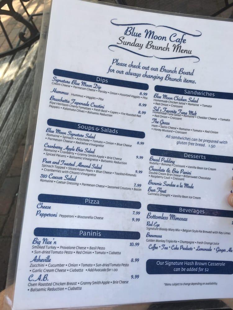 Menu at Blue Moon Cafe, Fayetteville