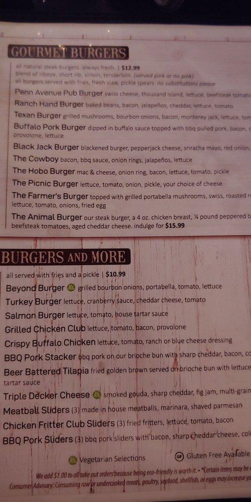 Menu at Penn Ave Pub, Monaca