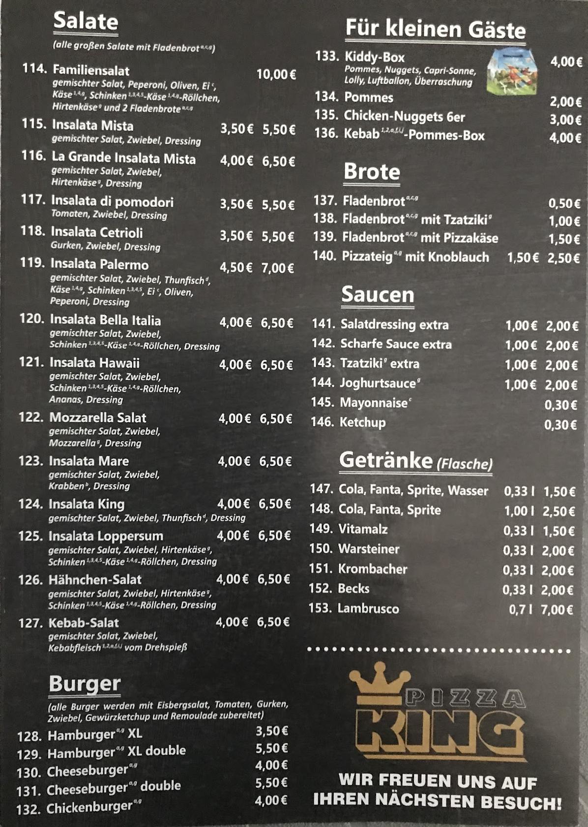 Speisekarte von Pizza King, Hinte