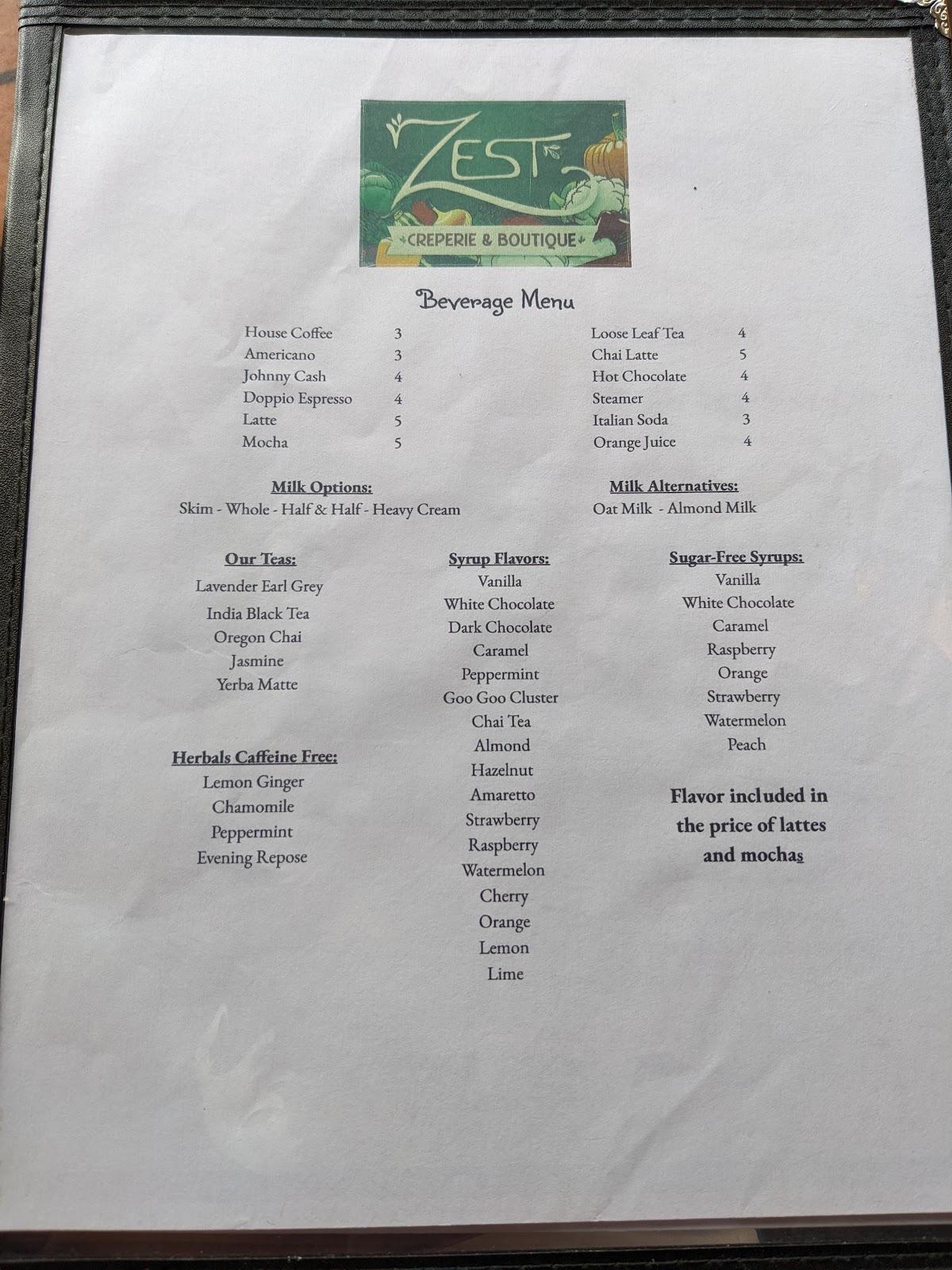 Menu at Zest Garden Cafe, Lincoln City
