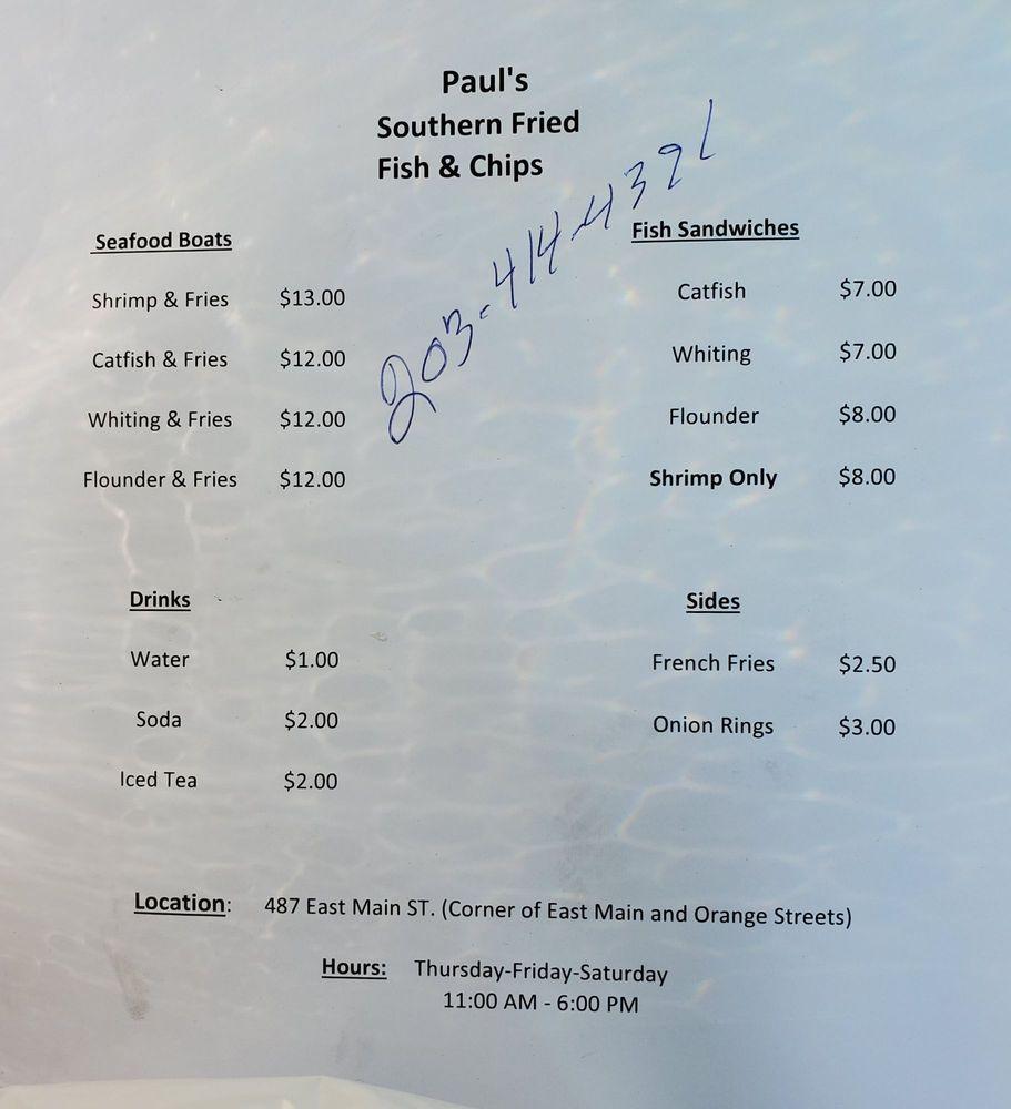 Menu at Pauls Southern Fried Fish & Chips, Waterbury