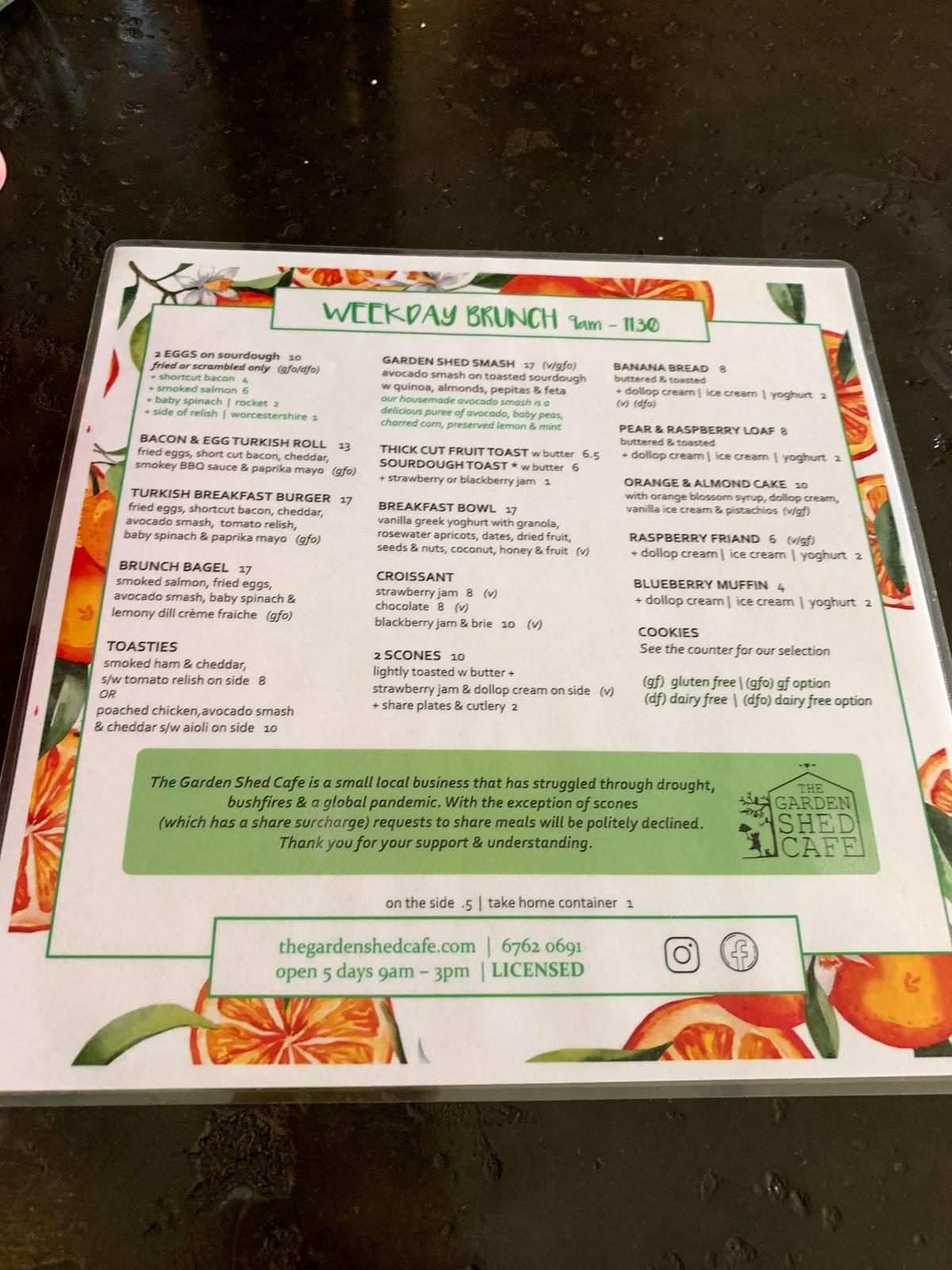 Menu at The Garden Shed Tamworth cafe, Tamworth