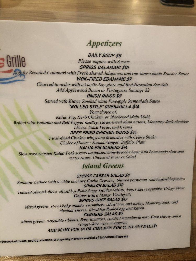 Menu at Sprigs Grille Restaurant, Kapolei