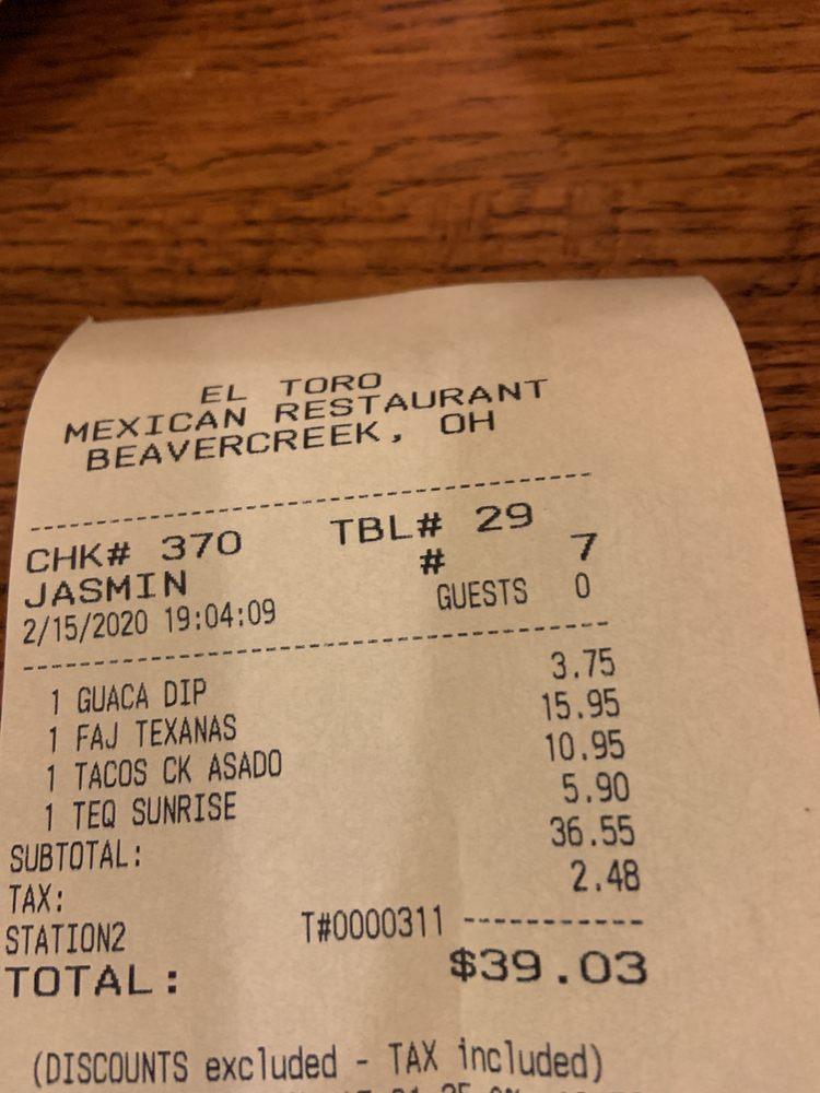Menu at El Toro restaurant, Beavercreek, N Fairfield Rd