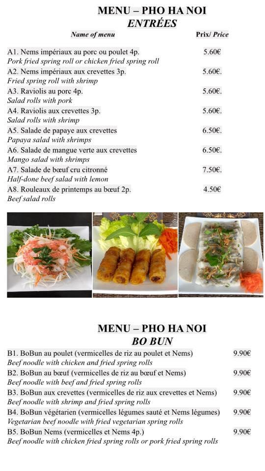 Menu at Pho Ha Noi restaurant, Paris