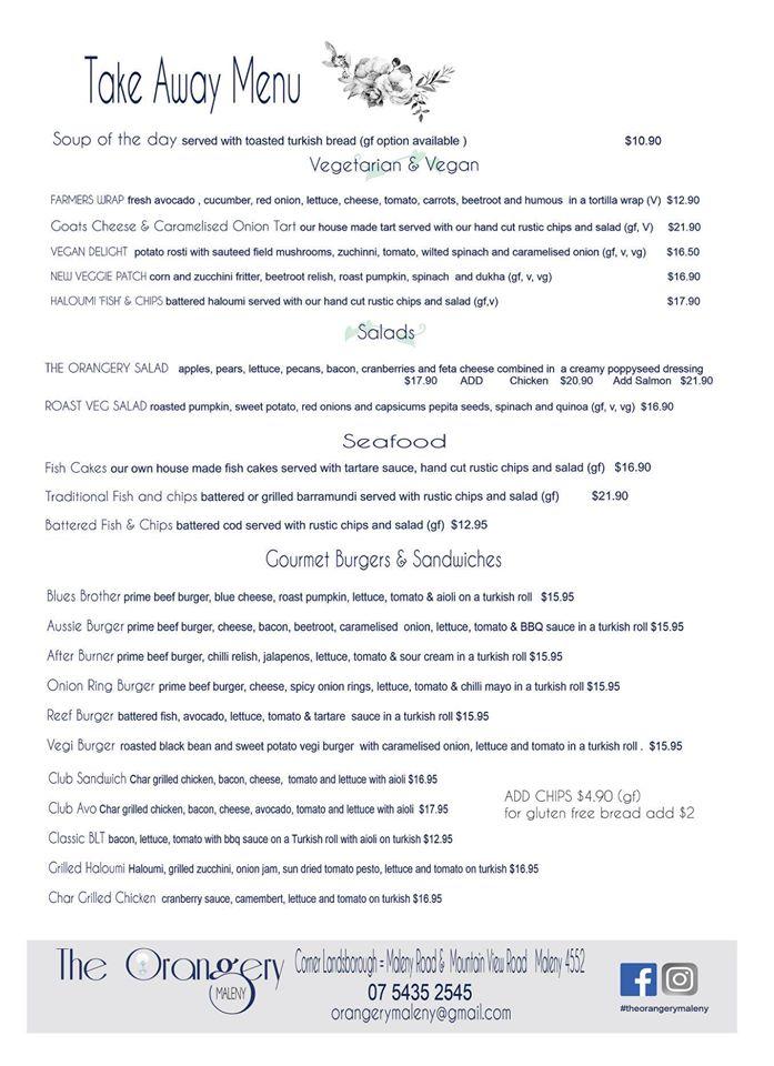 Menu at The Orangery Maleny restaurant, Maleny