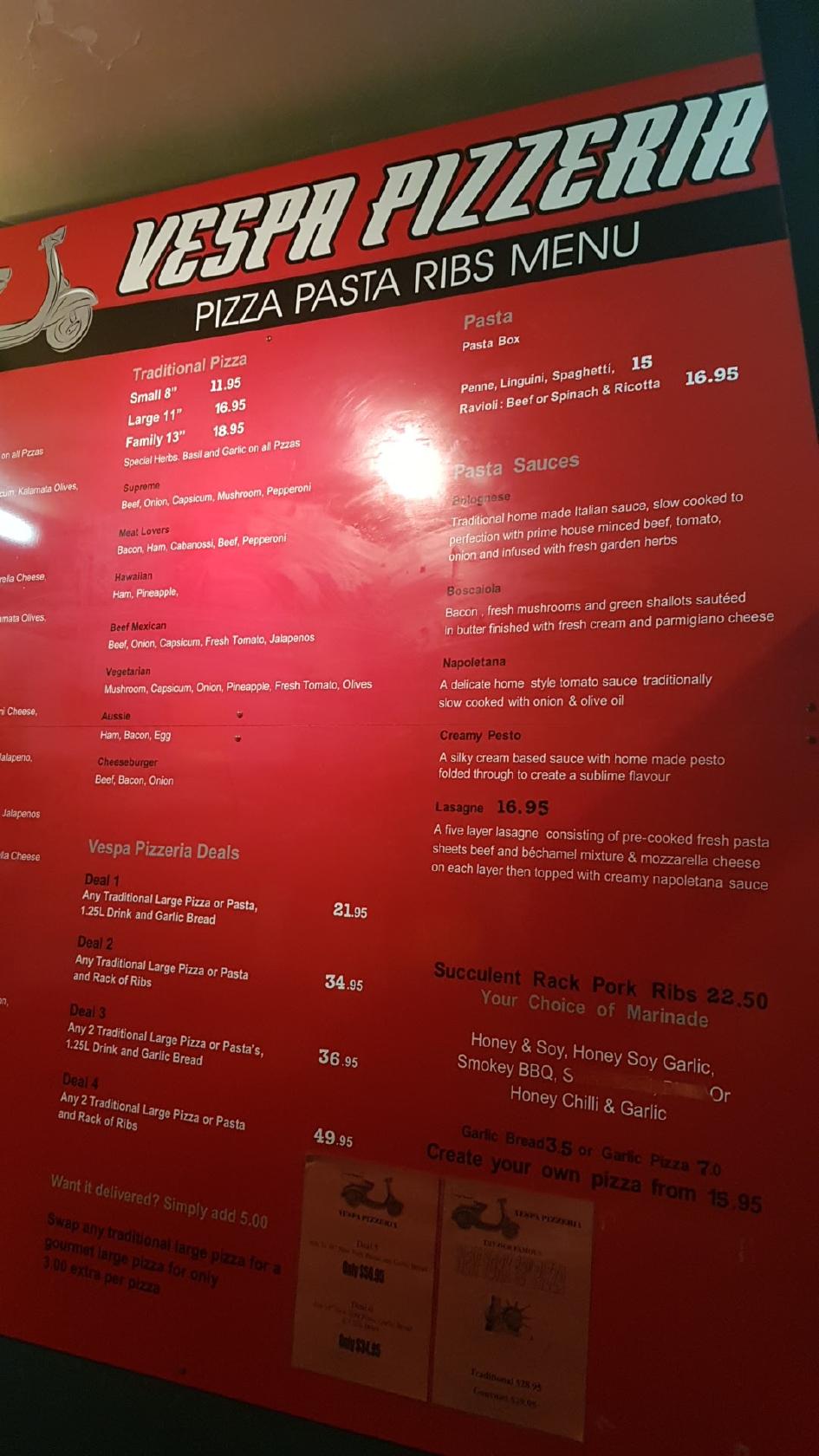 Menu at Vespa Pizzeria, Warilla