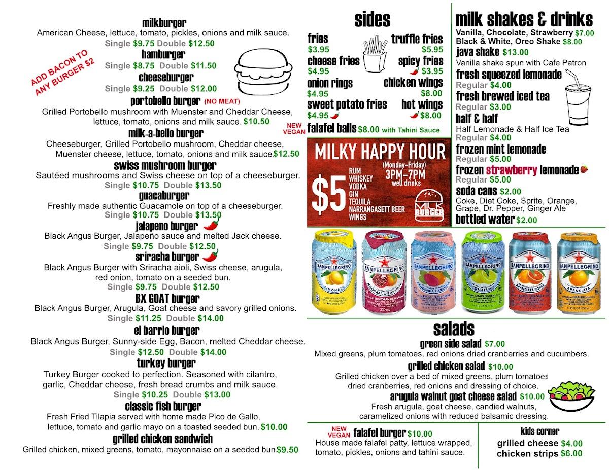 Carta del restaurante Milk Burger, Nueva York, 148 Bruckner Blvd