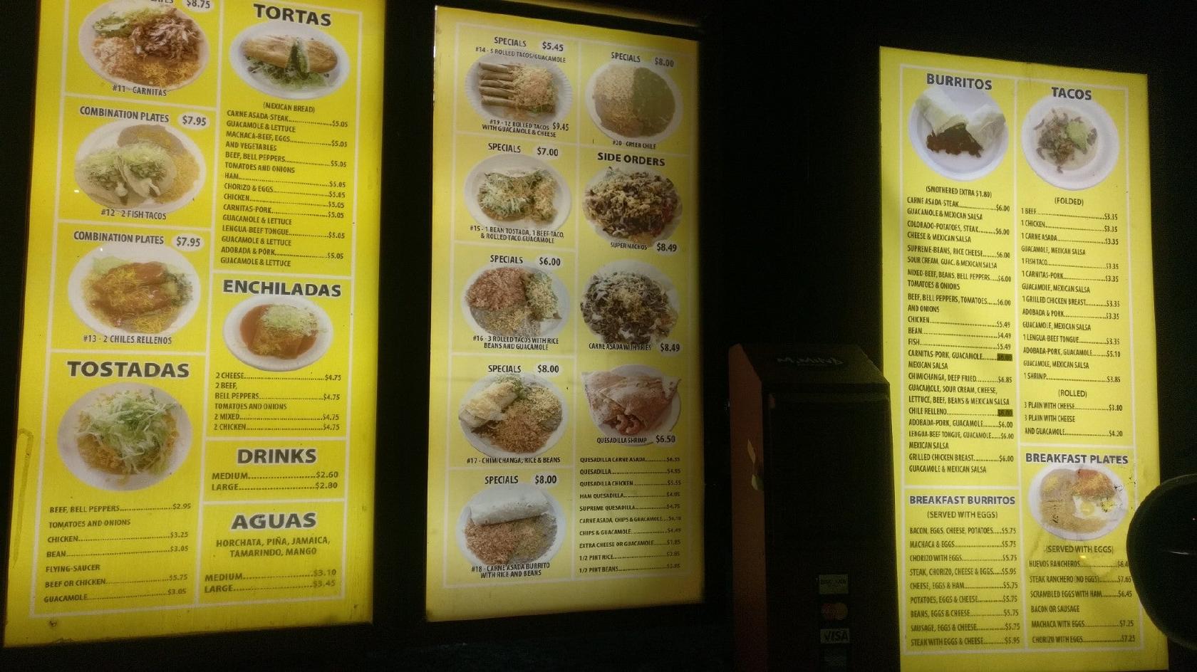 Menu at Tacos Rapidos restaurant, Denver, W Evans Ave