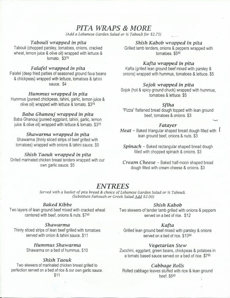 Menu at Chams Lebanese Cuisine restaurant, Parkersburg