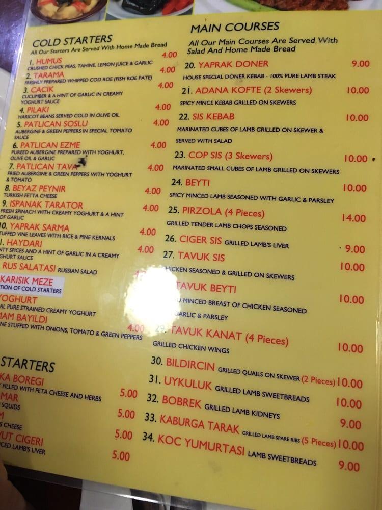 Menu at Ealing Mangal restaurant, London, 193 Uxbridge Rd