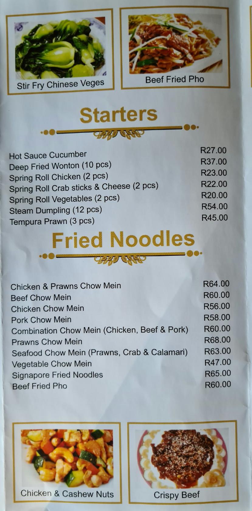 Menu at Yung Chen restaurant, Kempton Park