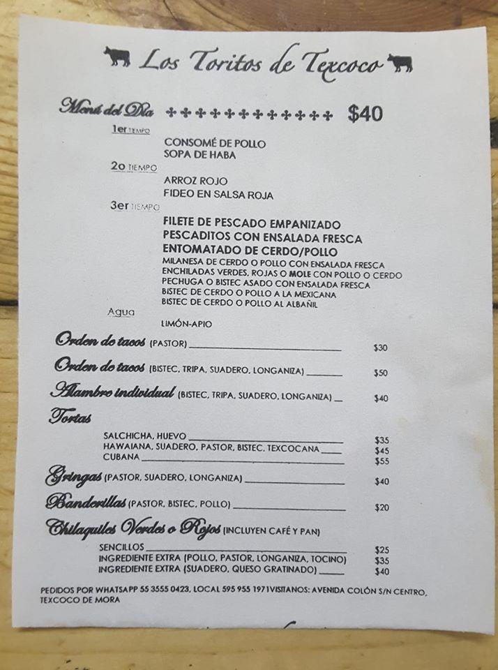 Menu at Taquería Los Toritos De Texcoco restaurant, Texcoco