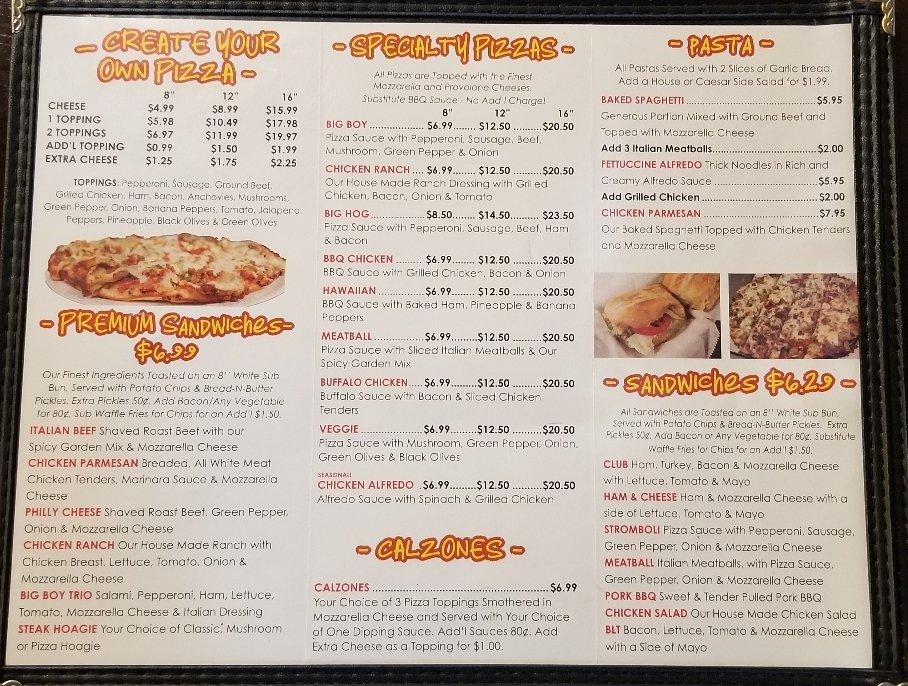 Menu at Big Boyz pizzeria, Connersville