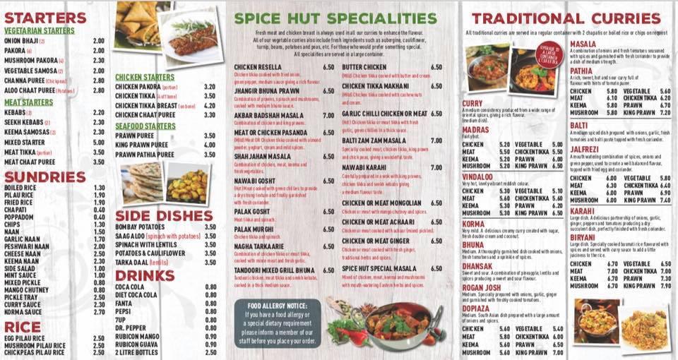 Menu at Highroad Well Spice Hut fast food, Halifax, 1 Sandhall La