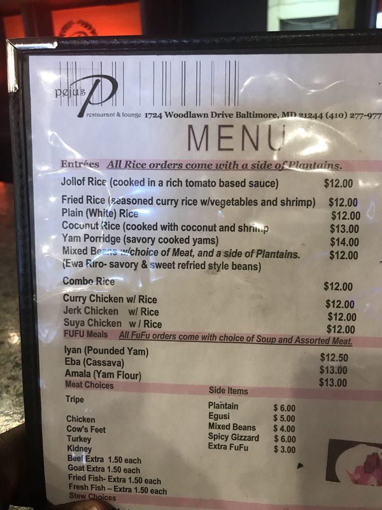 Menu at Peju’s Restaurant & Lounge, Baltimore, Woodlawn Dr 18