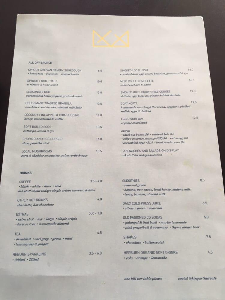 Menu at King Arthur Cafe, Fortitude Valley