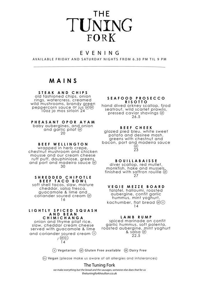 Menu at The Tuning Fork restaurant, Rugby