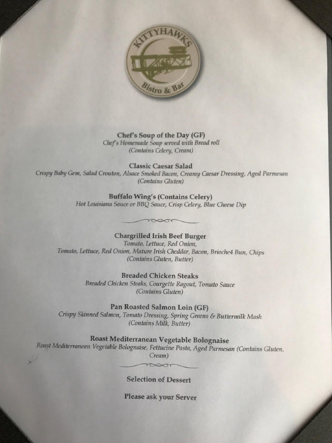 Menu at Carlton Hotel Dublin Airport cafe, Dublin