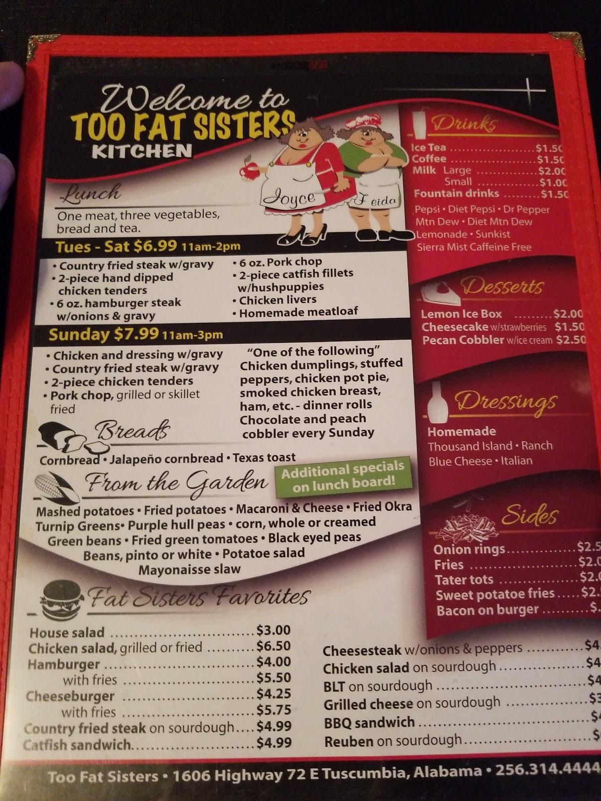 Menu at Too Fat Sisters restaurant, Tuscumbia