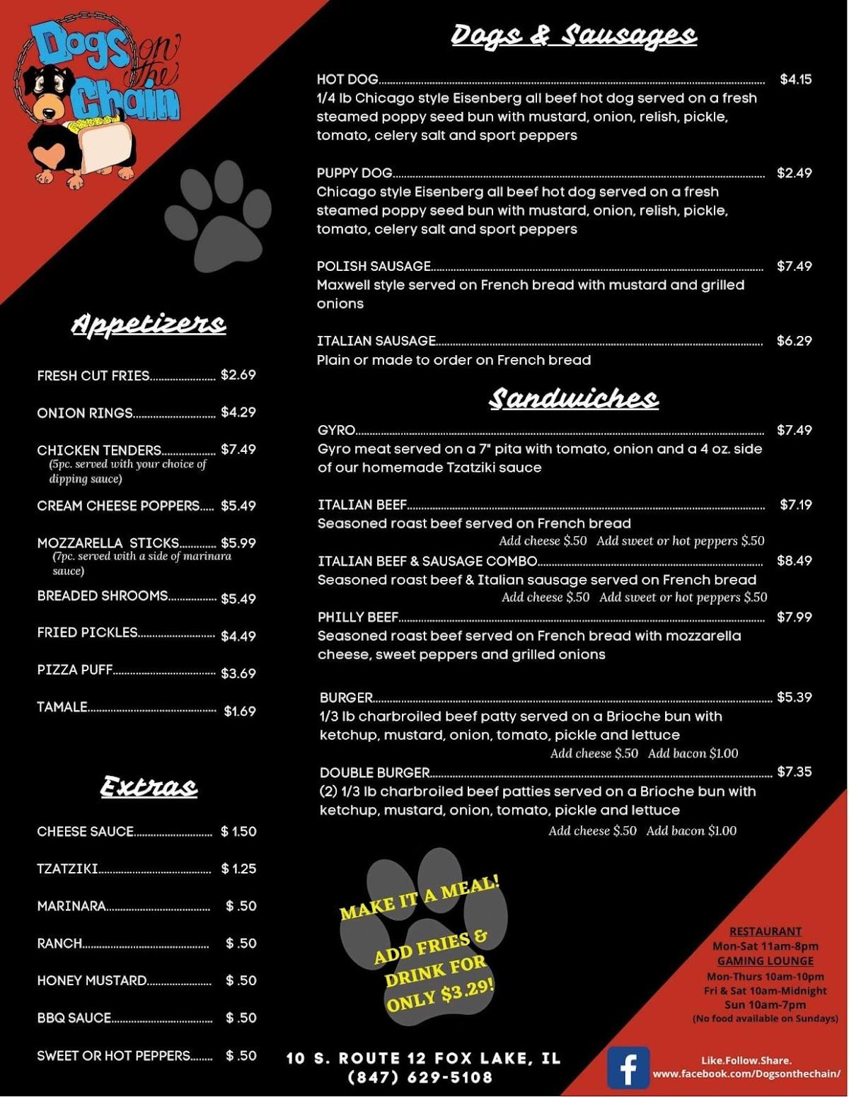Menu at Dogs on the Chain & Gaming Lounge fast food, Fox Lake