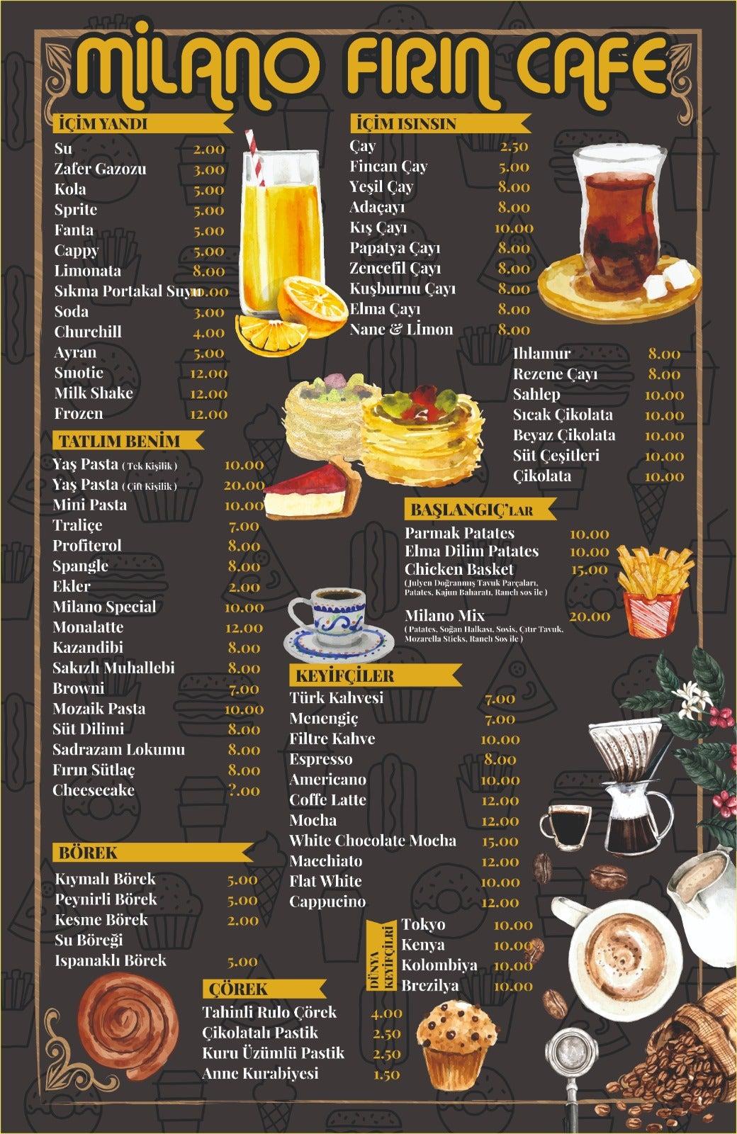 Menu at Milano fırın cafe, Aydın