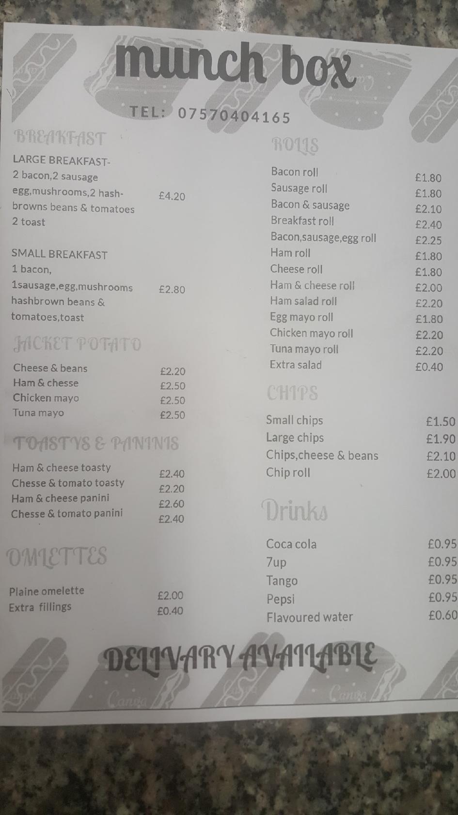 Menu at Munch box, Tredegar