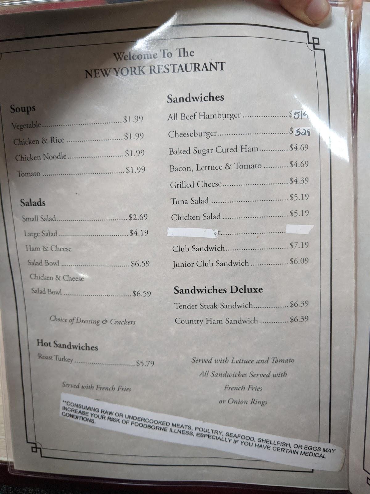 Menu at New York Restaurant, Fayetteville