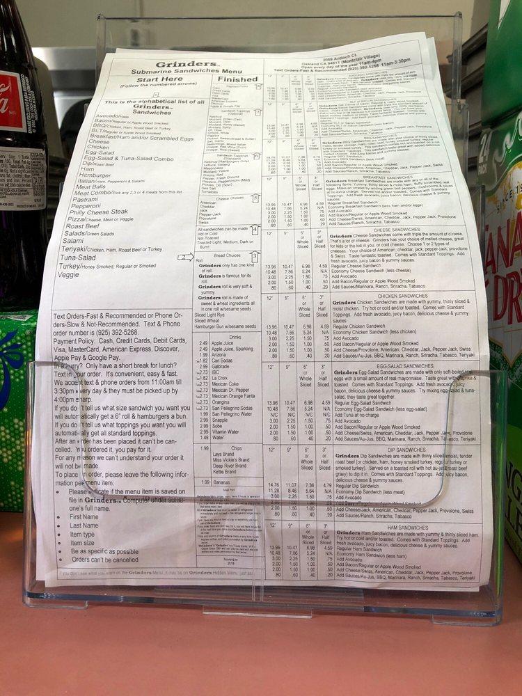 Menu at Grinders Submarine Sandwiches, Oakland
